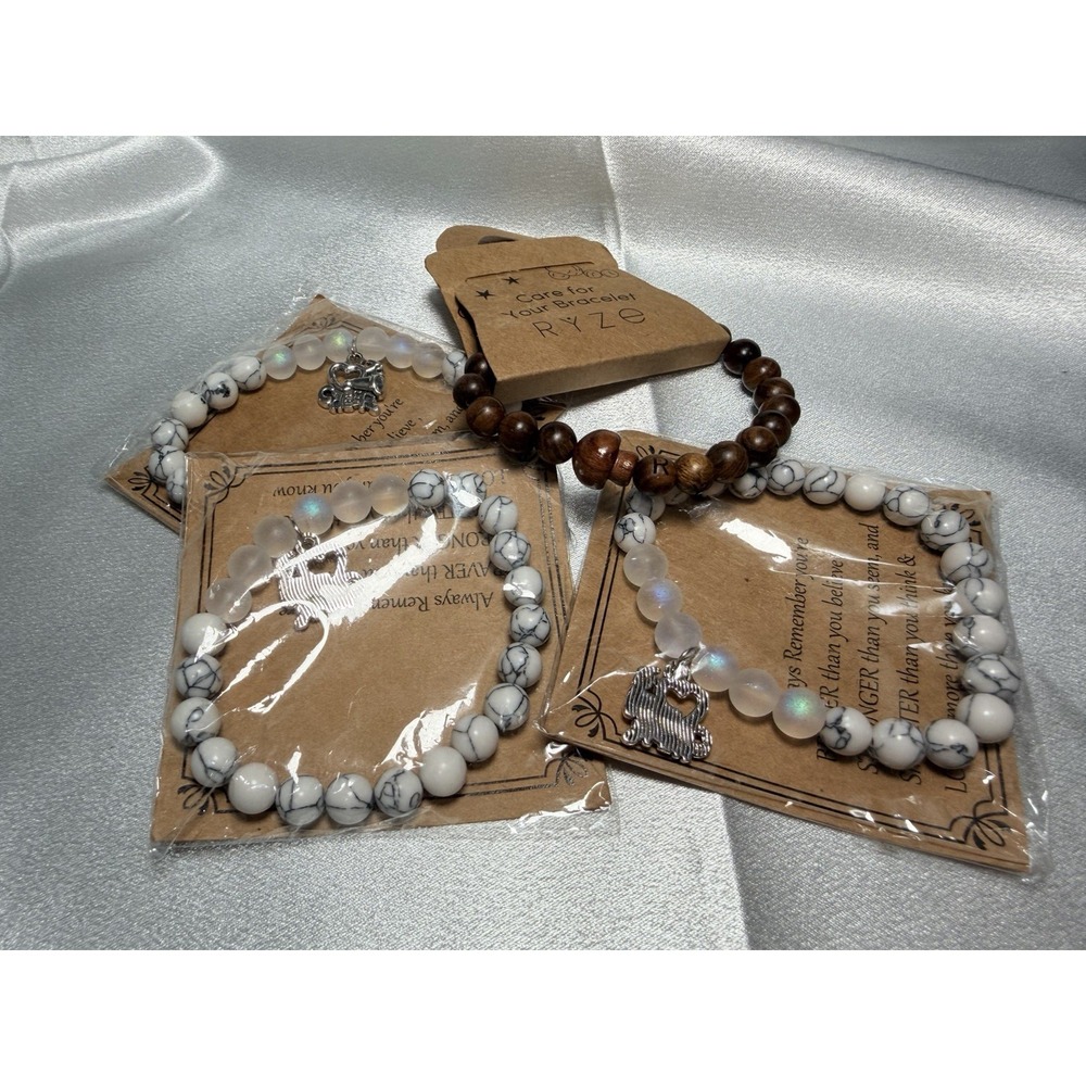RYZE Bracelet Set Stone Wood White Brown Silver Dangle Charm Eclectic Boho Magic